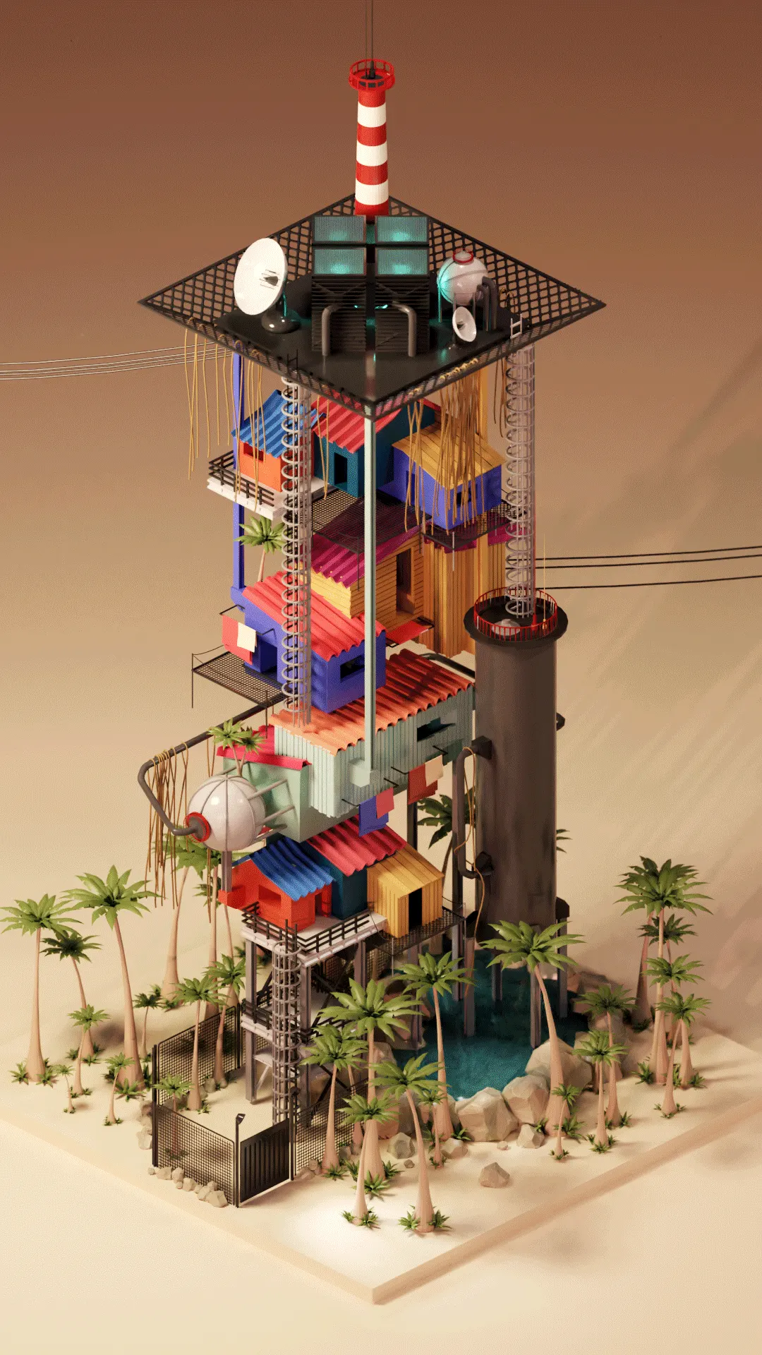a 3d illustration which shows a large post-apocalyptic sky scraper