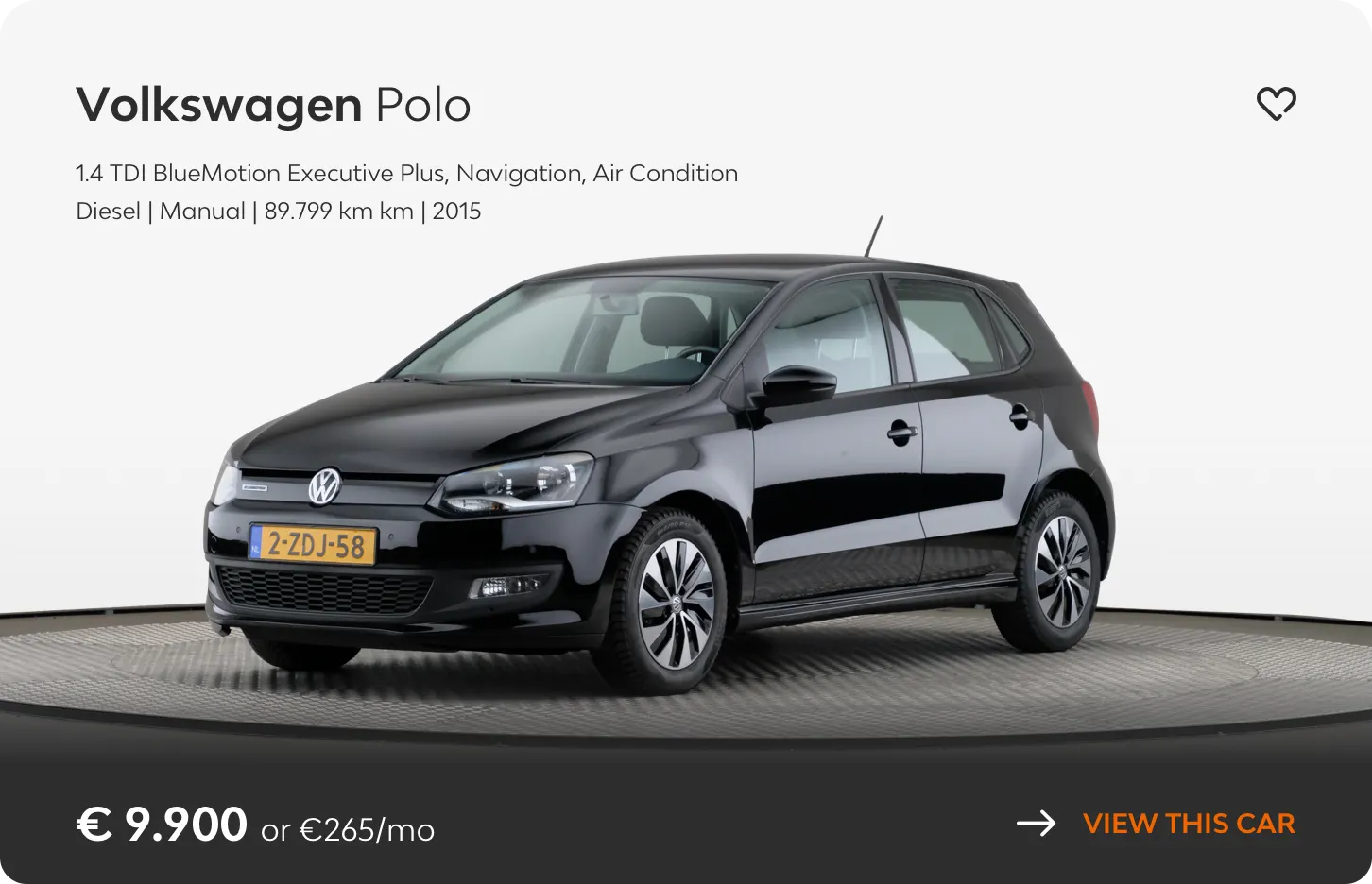 card design of a volkswagen polo with some information on the car, such as manual drive or air conditioning